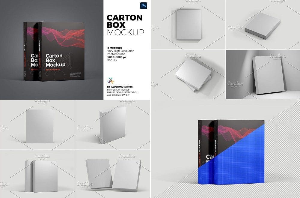 موك اب صندوق كرتون بالحجم الطبيعي Carton Box Mockup - 8 Views - 6102134